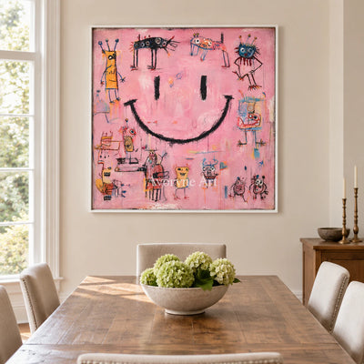 Pink Mischief: Pop Colorful Smiley Graffiti Wall Art — dining white