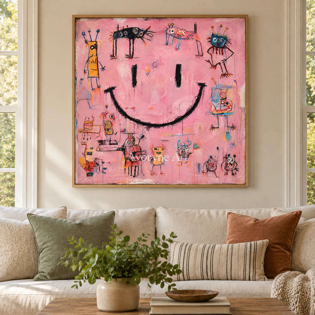 Pink Mischief: Pop Colorful Smiley Graffiti Wall Art — villa wood