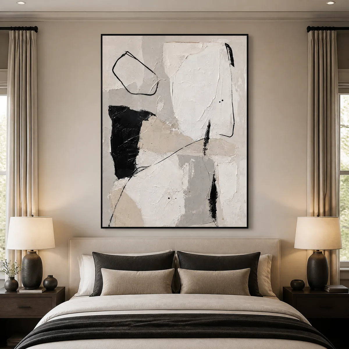 Quiet Lines: Black White Abstract Wall Art - bedroom black frame