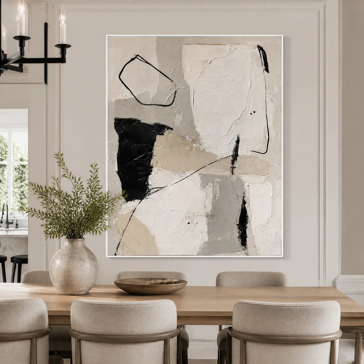 Quiet Lines: Black White Abstract Wall Art - dining room white frame