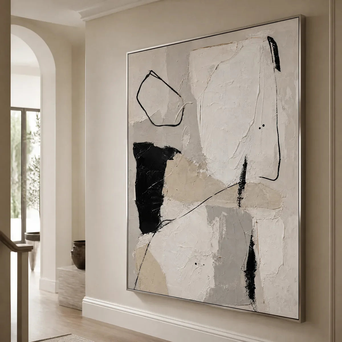 Quiet Lines: Black White Abstract Wall Art - hallway silver frame