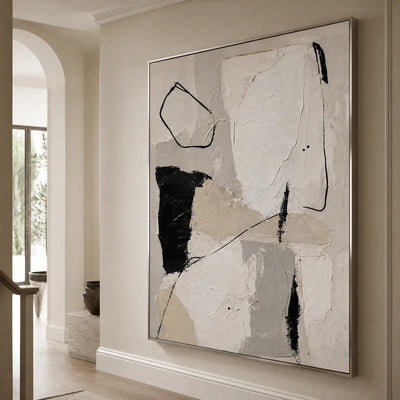 Quiet Lines: Black White Abstract Wall Art - hallway silver frame