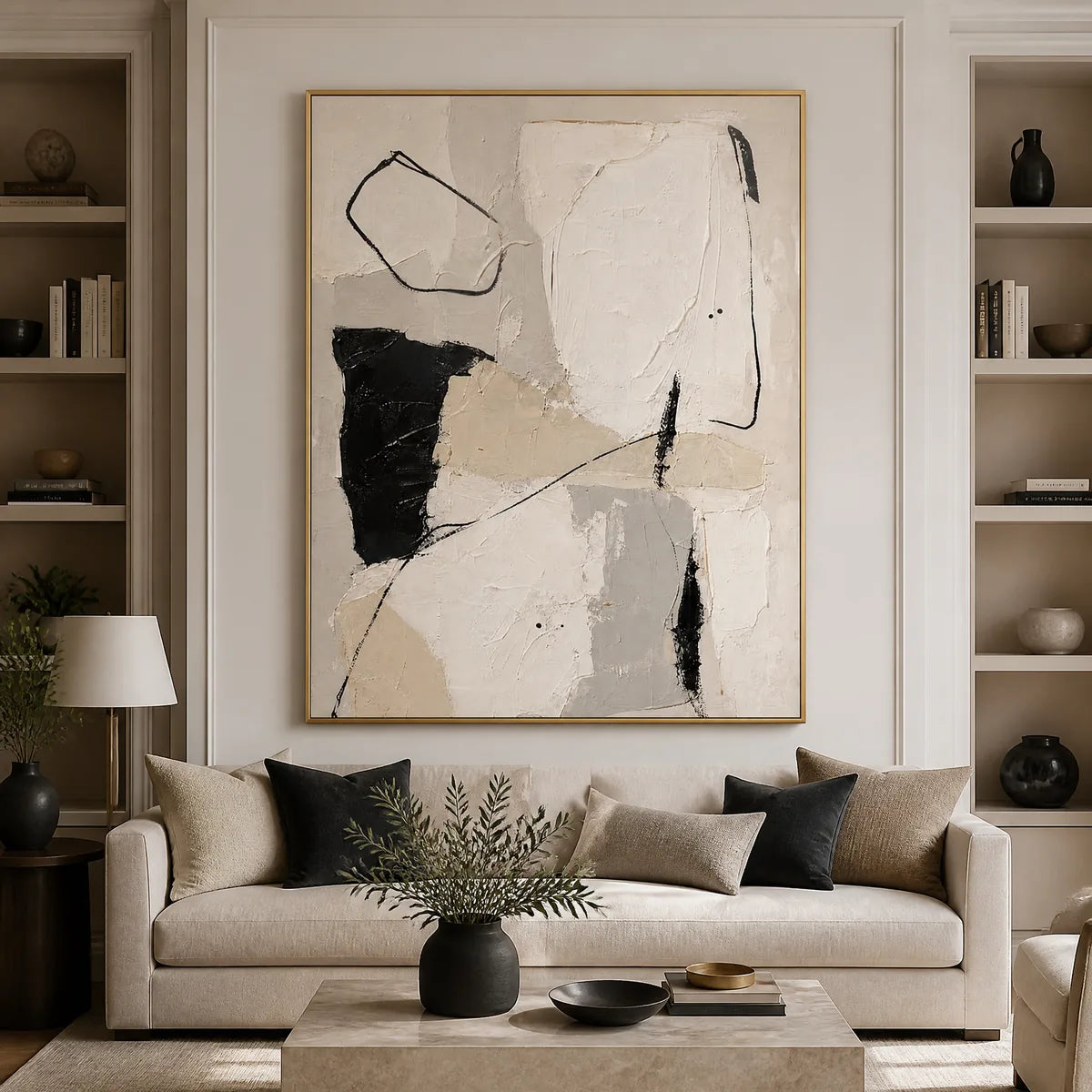 Quiet Lines: Black White Abstract Wall Art - living room gold frame