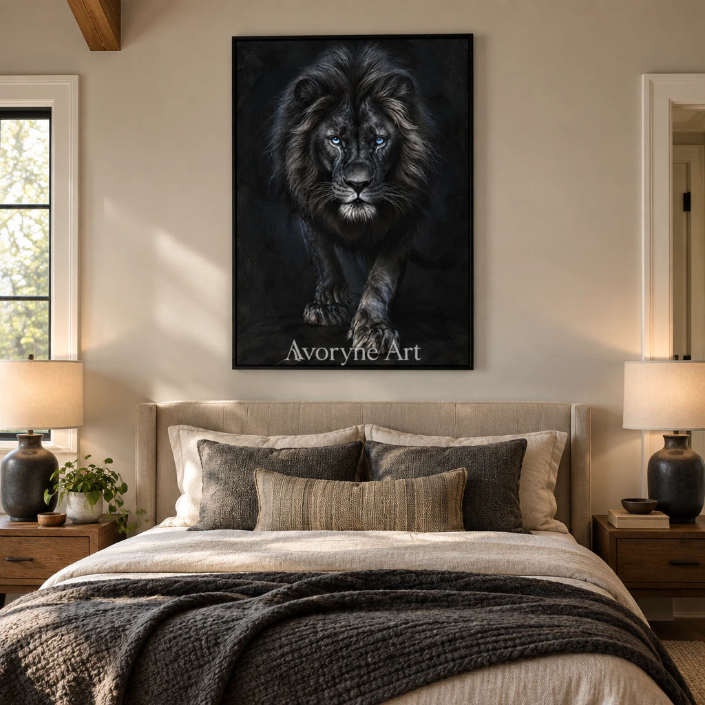 Nocturne Lion: Realistic Black Lion Portrait Wall Art — bedroom black