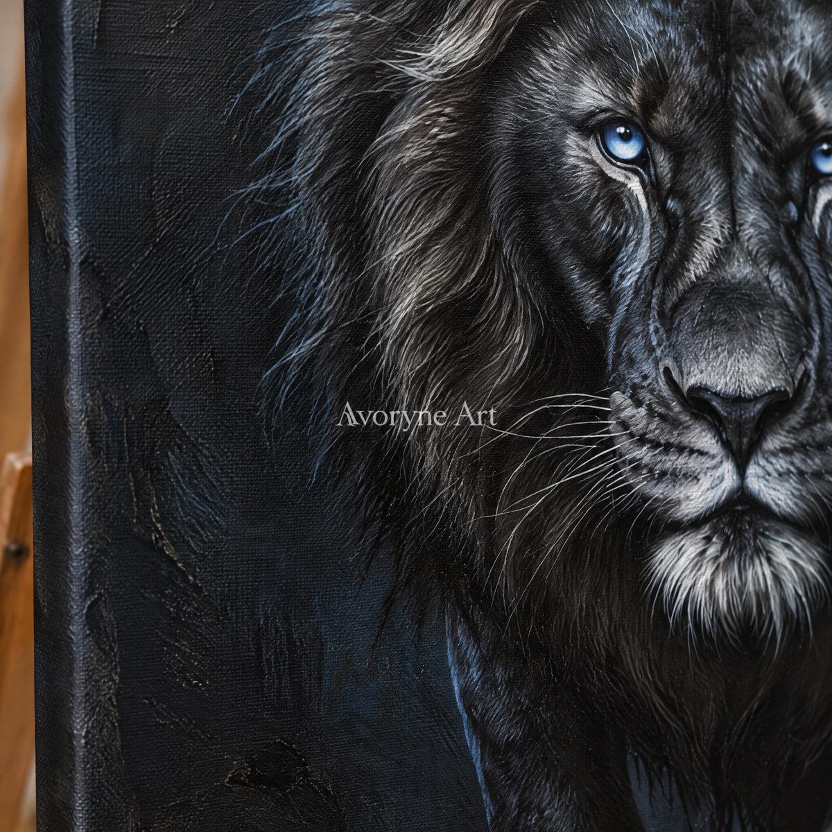 Nocturne Lion: Realistic Black Lion Portrait Wall Art — detail easel