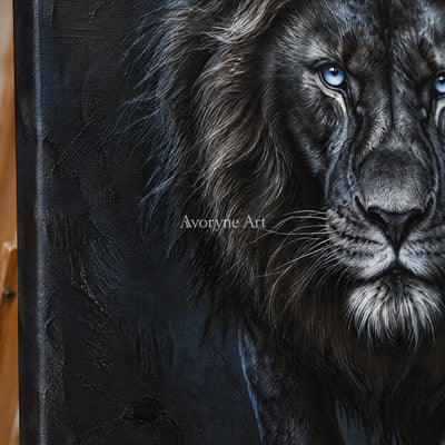 Nocturne Lion: Realistic Black Lion Portrait Wall Art — detail easel
