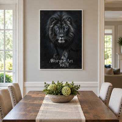 Nocturne Lion: Realistic Black Lion Portrait Wall Art — dining white