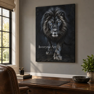 Nocturne Lion: Realistic Black Lion Portrait Wall Art — office frameless