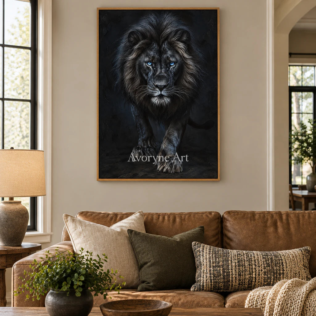 Nocturne Lion: Realistic Black Lion Portrait Wall Art — villa wood