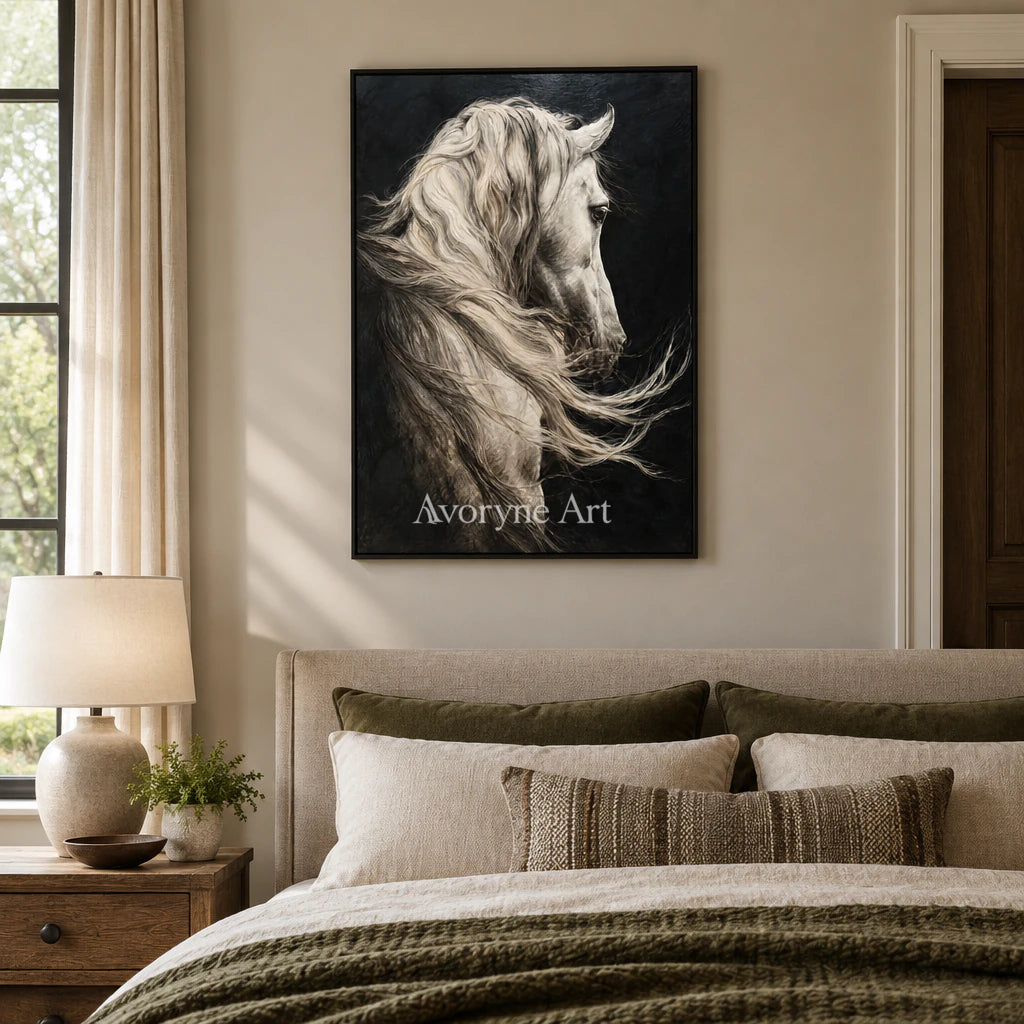 Silver Mane: Realistic Contemporary White Horse Wall Art — bedroom black