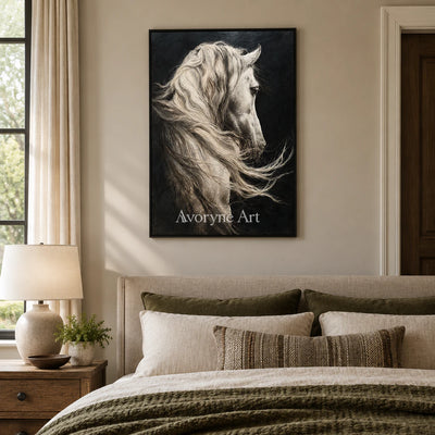 Silver Mane: Realistic Contemporary White Horse Wall Art — bedroom black
