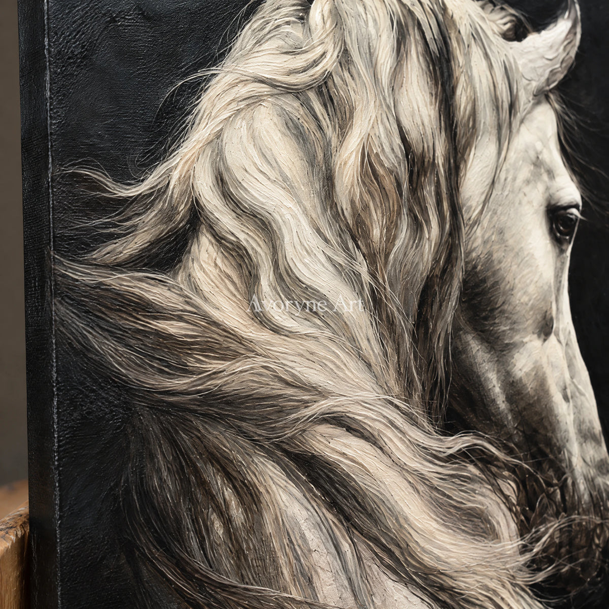 Silver Mane: Realistic Contemporary White Horse Wall Art — detail easel