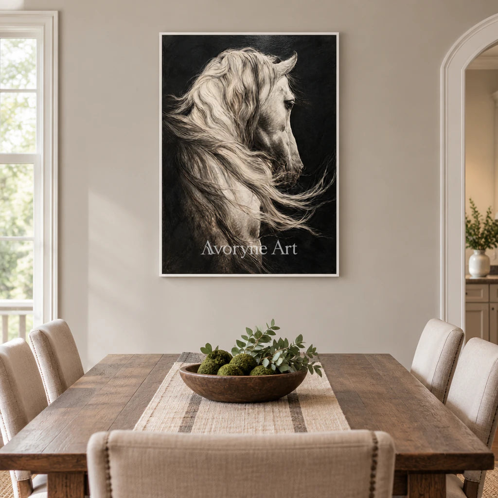 Silver Mane: Realistic Contemporary White Horse Wall Art — dining white