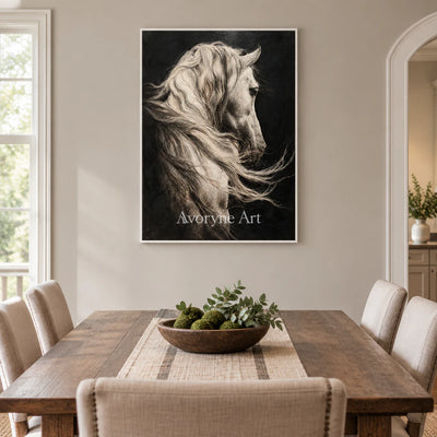 Silver Mane: Realistic Contemporary White Horse Wall Art — dining white