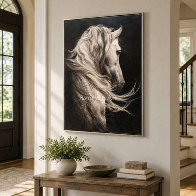 Silver Mane: Realistic Contemporary White Horse Wall Art — entry silver