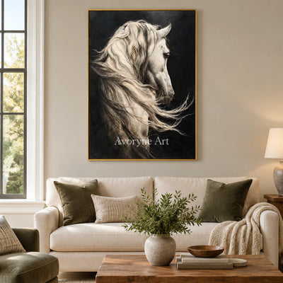 Silver Mane: Realistic Contemporary White Horse Wall Art — living gold