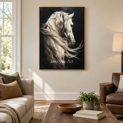 Silver Mane: Realistic Contemporary White Horse Wall Art — villa wood