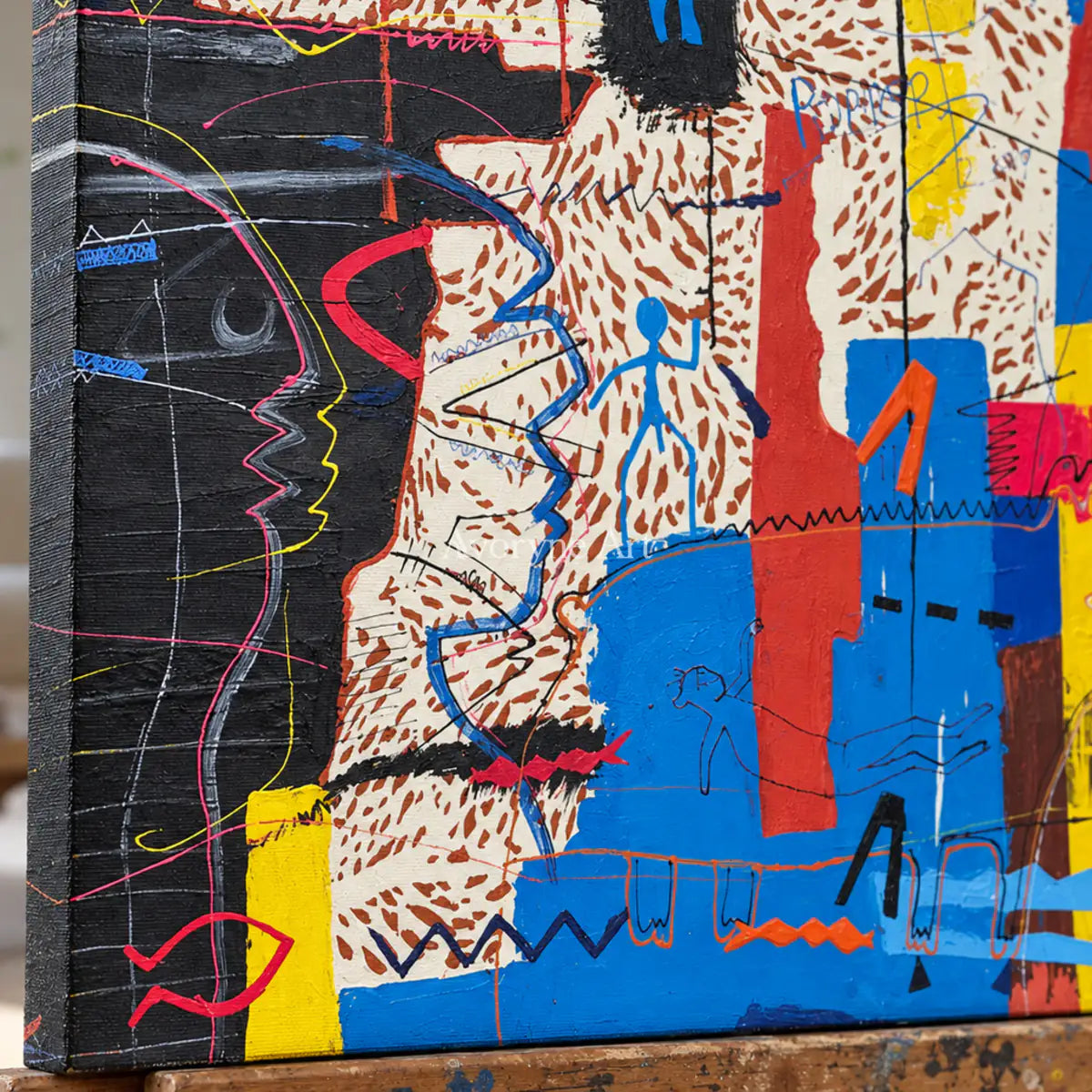 Crimson Conversation: Red Panoramic Graffiti Face Wall Art — detail easel