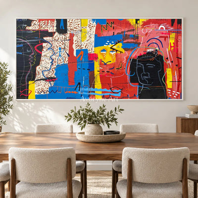 Crimson Conversation: Red Panoramic Graffiti Face Wall Art — dining white