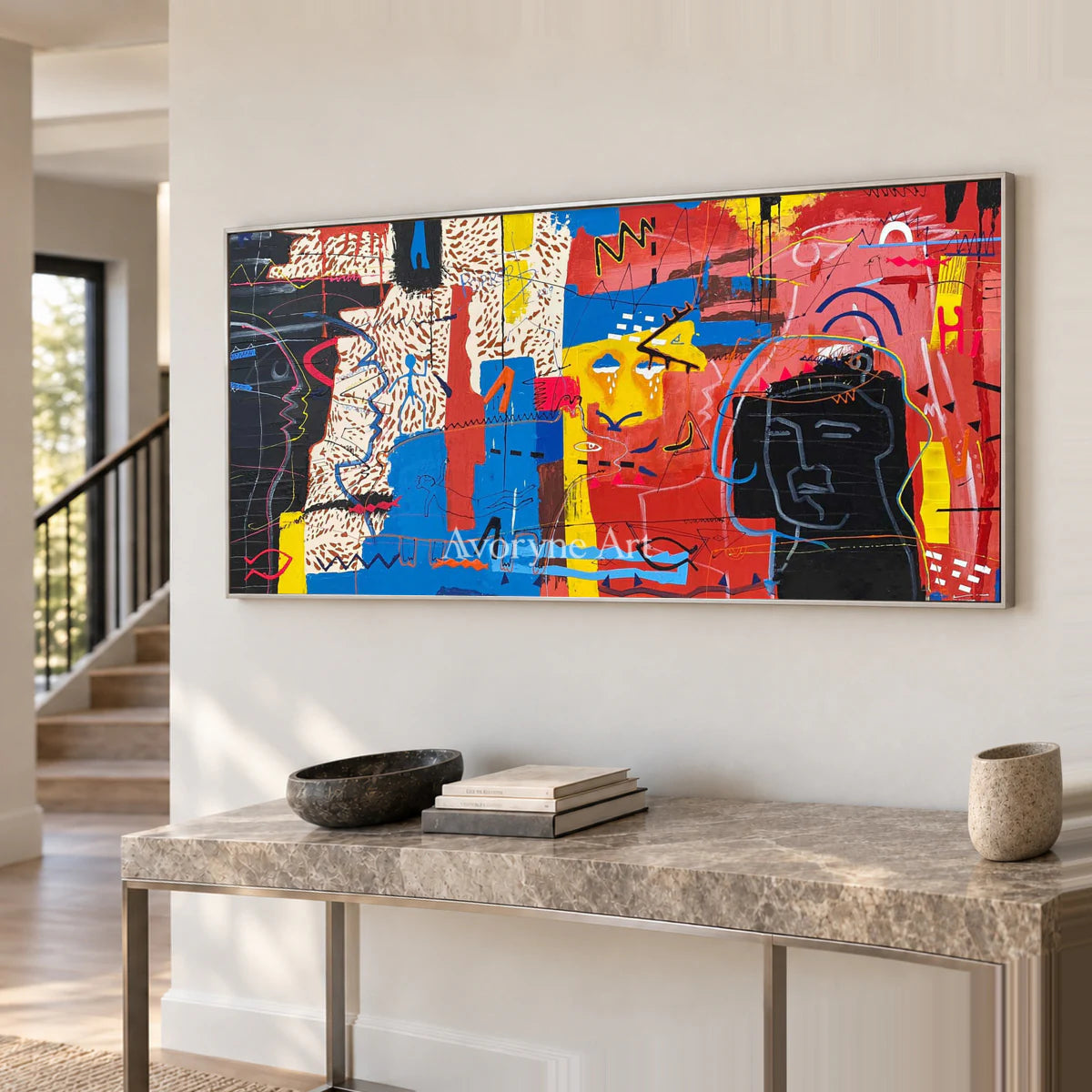 Crimson Conversation: Red Panoramic Graffiti Face Wall Art — entry silver
