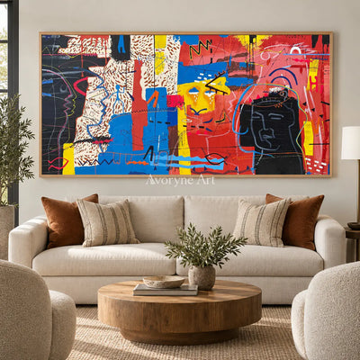 Crimson Conversation: Red Panoramic Graffiti Face Wall Art — hotel wood
