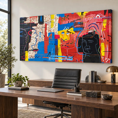 Crimson Conversation: Red Panoramic Graffiti Face Wall Art — office frameless