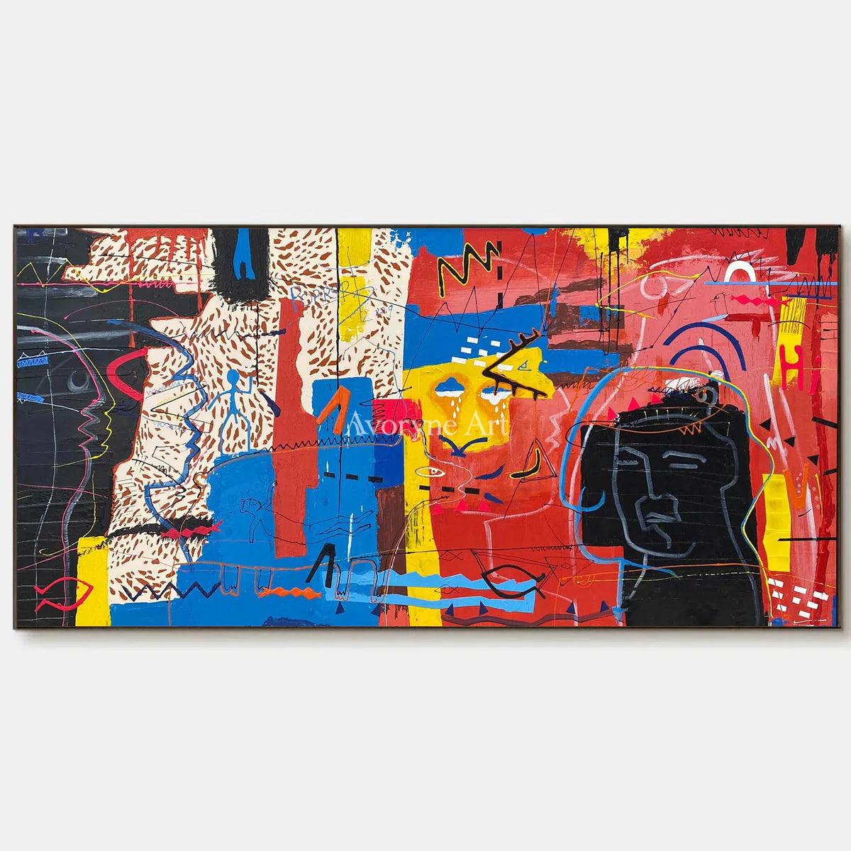Crimson Conversation: Red Panoramic Graffiti Face Wall Art — primary