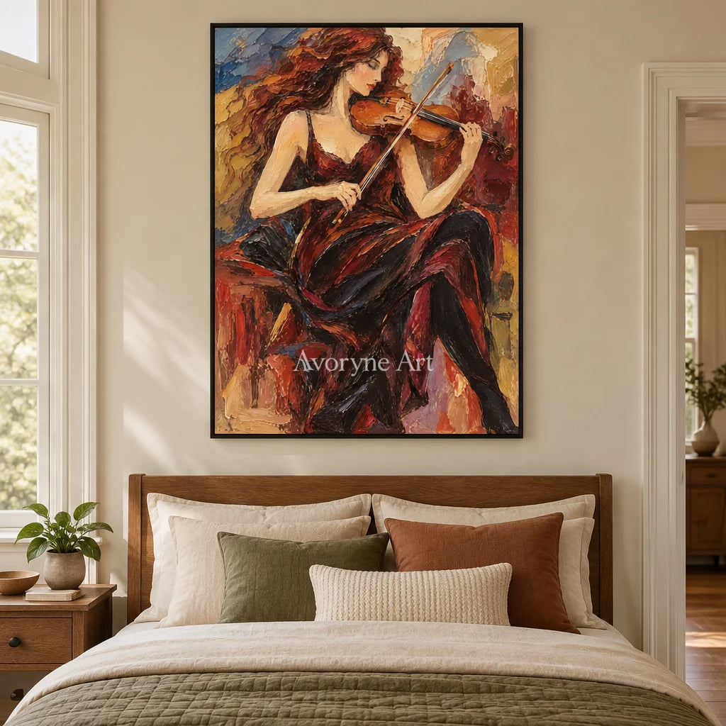 Ember Sonata: Red Violinist Portrait Wall Art — bedroom black