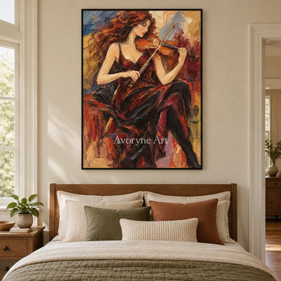 Ember Sonata: Red Violinist Portrait Wall Art — bedroom black