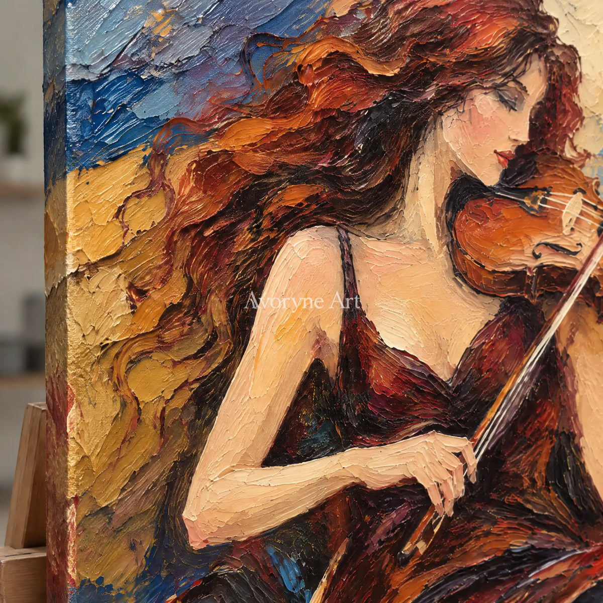 Ember Sonata: Red Violinist Portrait Wall Art — detail easel