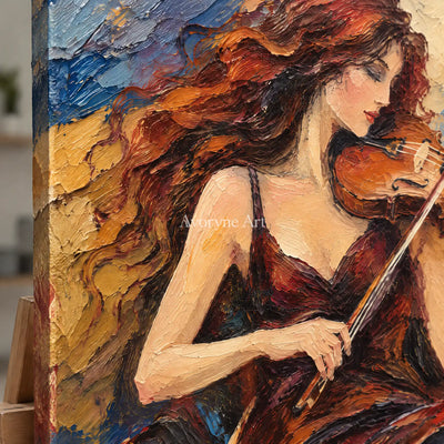 Ember Sonata: Red Violinist Portrait Wall Art — detail easel
