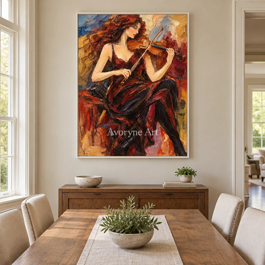 Ember Sonata: Red Violinist Portrait Wall Art — dining white
