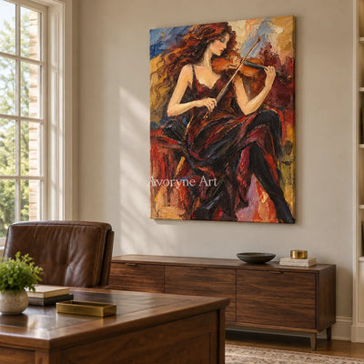 Ember Sonata: Red Violinist Portrait Wall Art — office frameless