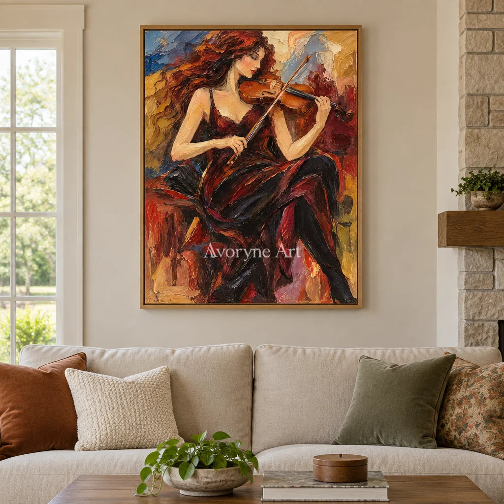 Ember Sonata: Red Violinist Portrait Wall Art — villa wood