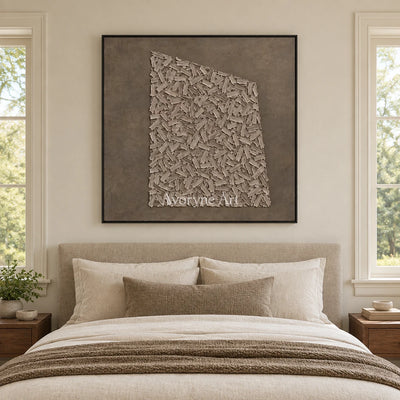 Quiet Cadence relief mosaic wall art with a black frame above a bed in a bedroom