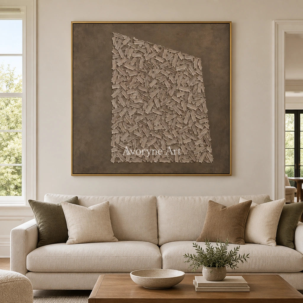 Quiet Cadence relief mosaic wall art with a gold frame hanging in a living room