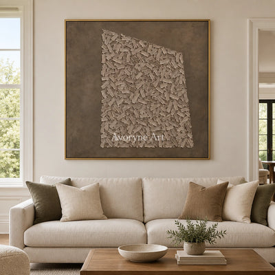 Quiet Cadence relief mosaic wall art with a gold frame hanging in a living room