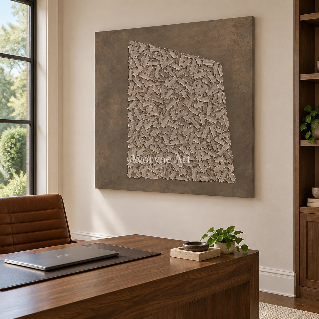 Quiet Cadence relief mosaic wall art as a frameless stretched canvas in a home office
