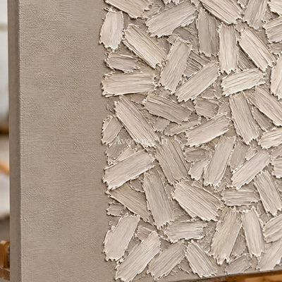 Close-up of the hand-painted texture of Quiet Passage relief mosaic wall art on an easel
