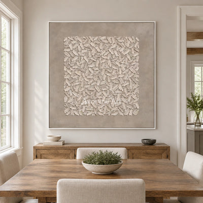 Quiet Passage relief mosaic wall art with a white frame in a dining room
