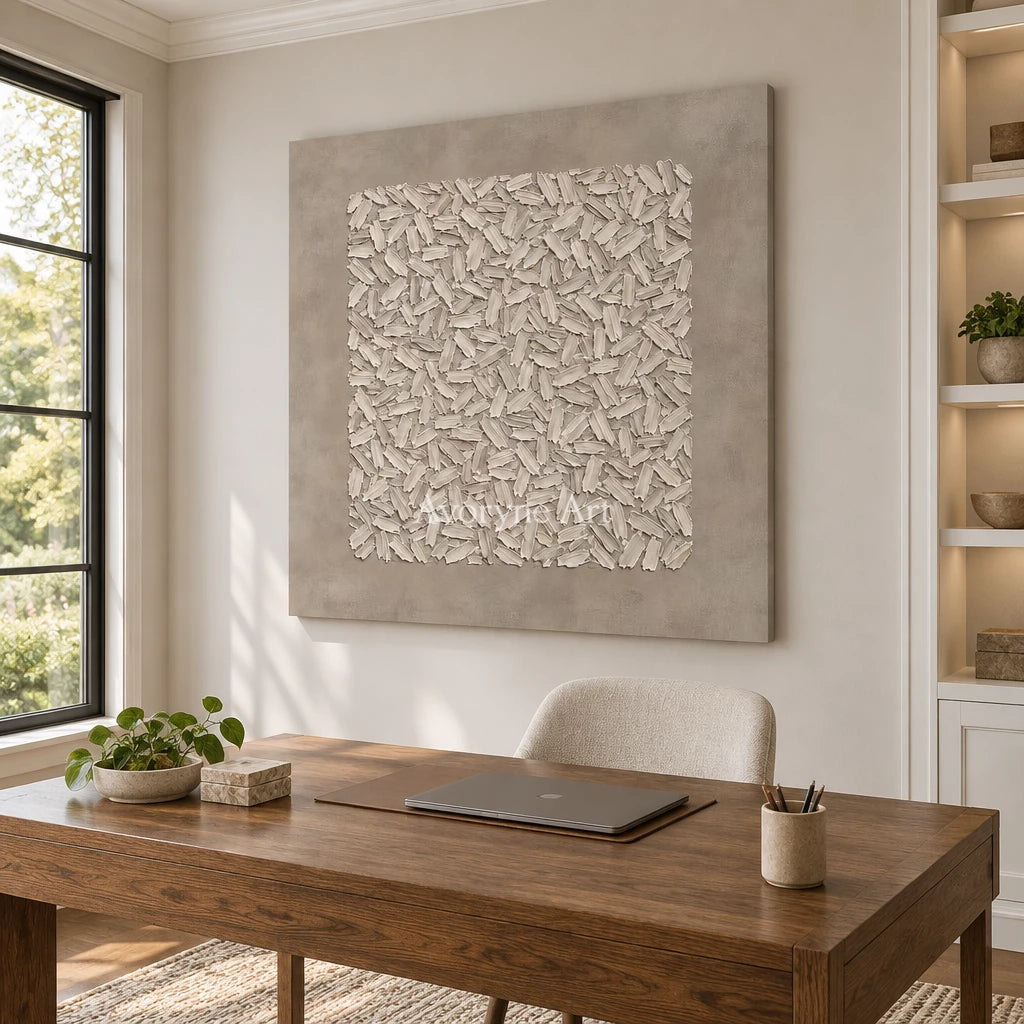 Quiet Passage relief mosaic wall art as a frameless stretched canvas in a home office