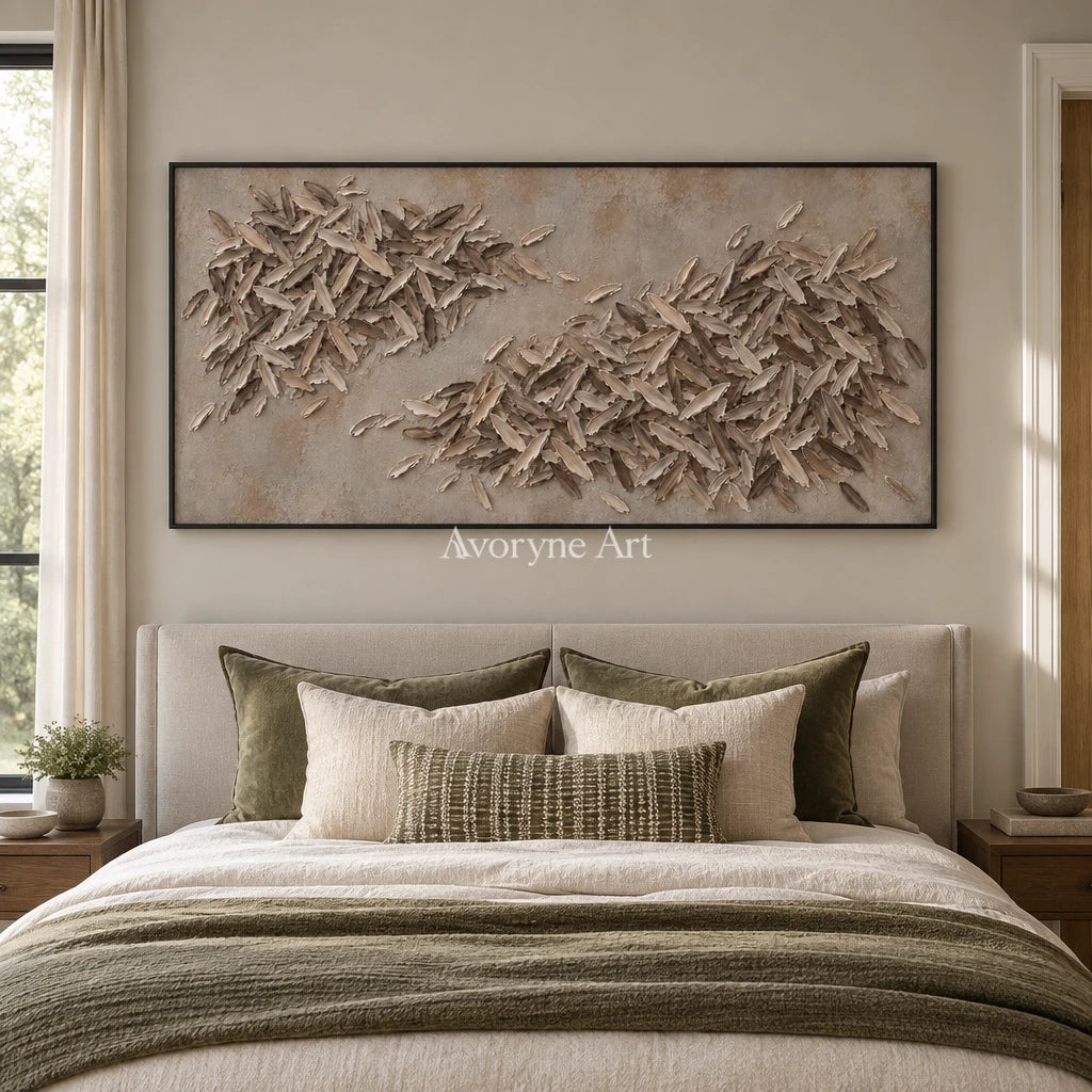 Quiet Reverie relief mosaic wall art with a black frame above a bed in a bedroom