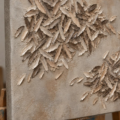 Close-up of the hand-painted texture of Quiet Reverie relief mosaic wall art on an easel