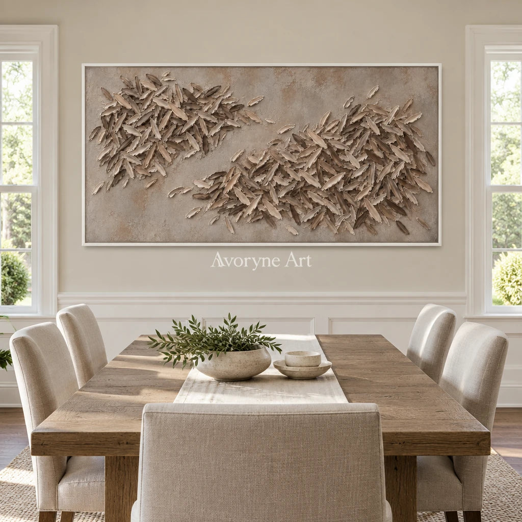Quiet Reverie relief mosaic wall art with a white frame in a dining room