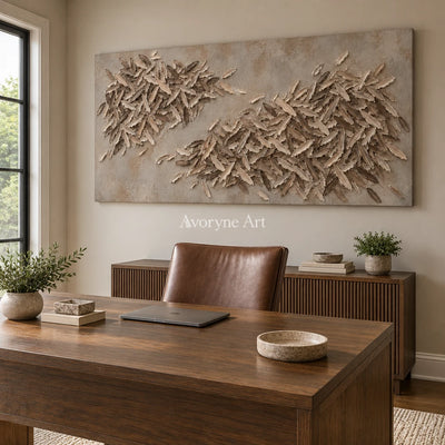 Quiet Reverie relief mosaic wall art as a frameless stretched canvas in a home office