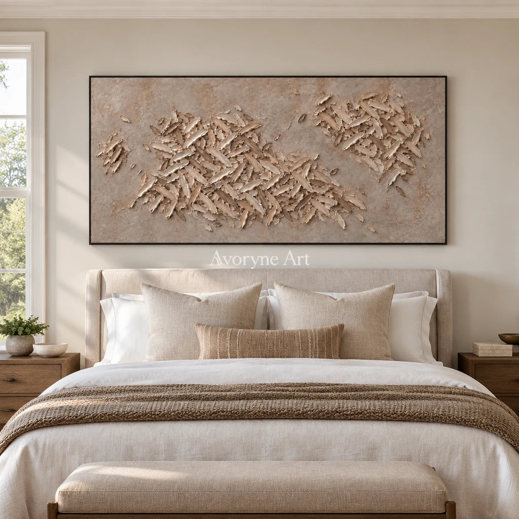 Quiet Interval relief mosaic wall art with a black frame above a bed in a bedroom