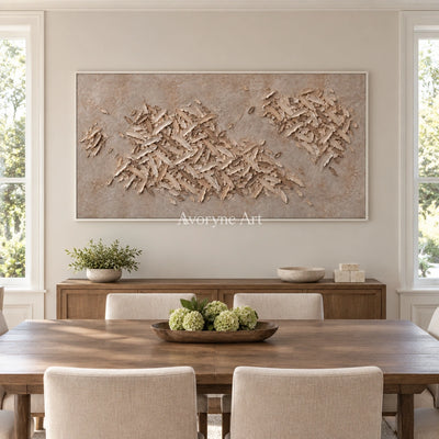 Quiet Interval relief mosaic wall art with a white frame in a dining room