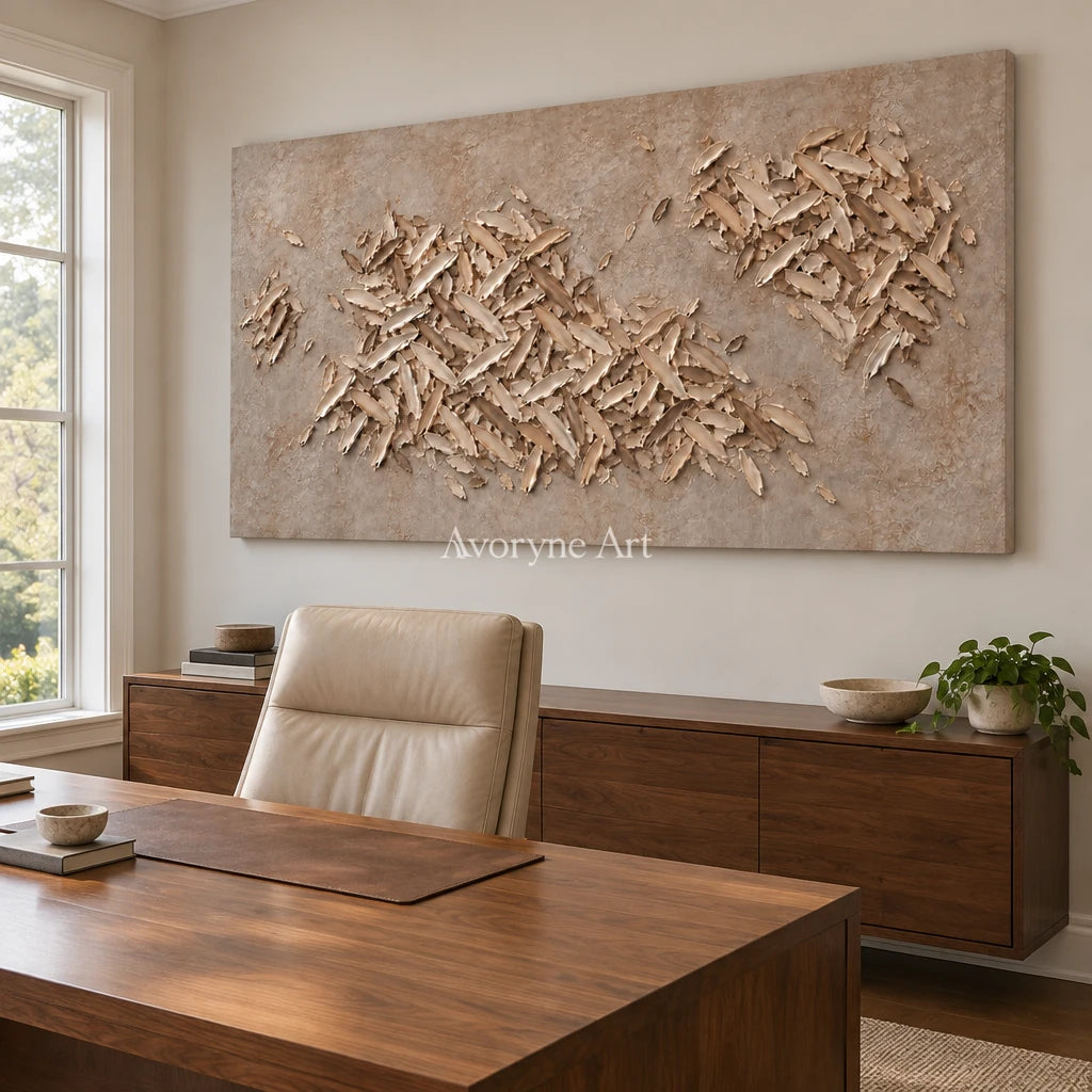Quiet Interval relief mosaic wall art as a frameless stretched canvas in a home office