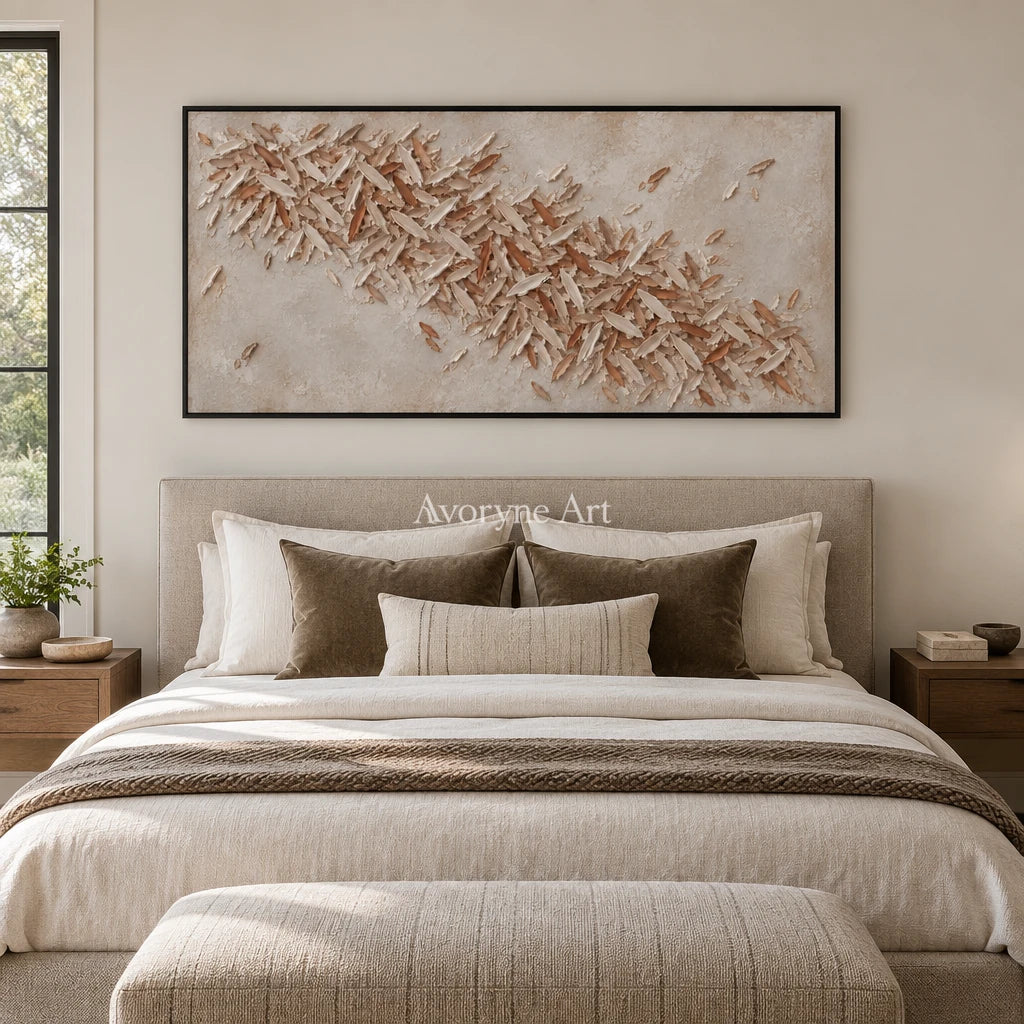 Quiet Rhythm relief mosaic wall art with a black frame above a bed in a bedroom