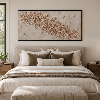 Quiet Rhythm relief mosaic wall art with a black frame above a bed in a bedroom